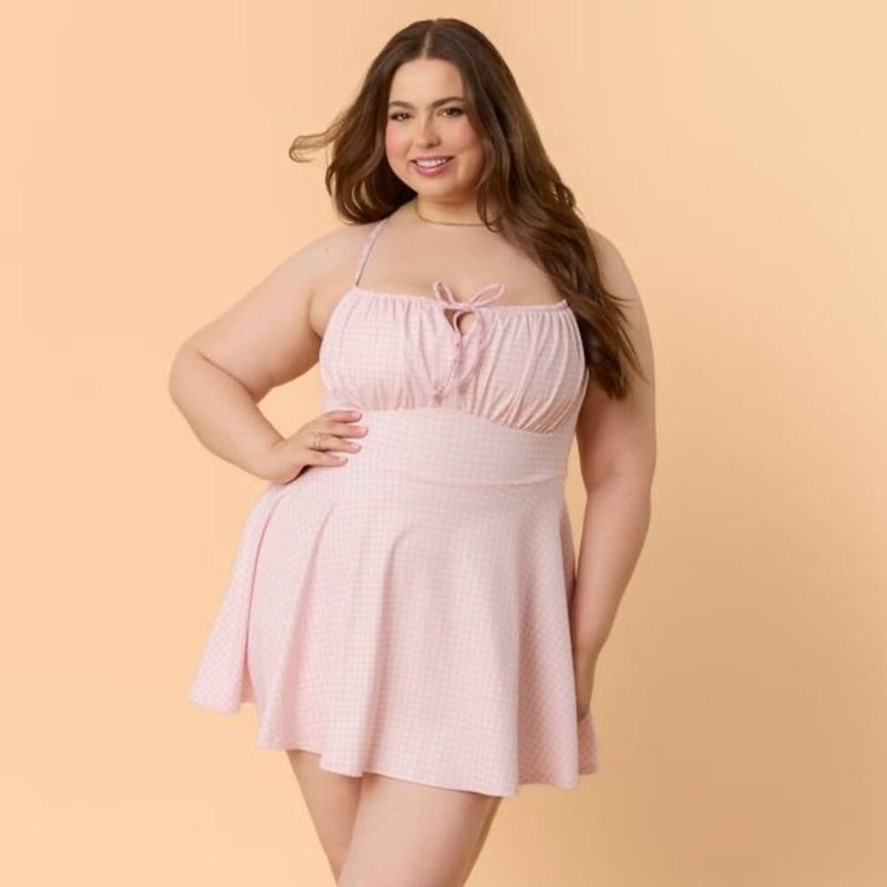 Blogilates Tie Front Twirl Active Dress 2X Plus Pink Gingham Milkmaid Skort NWT